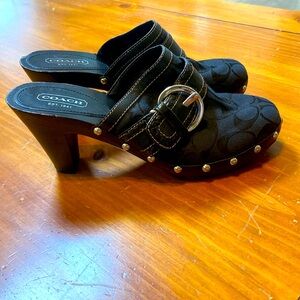 Coach Black Signature Print Heeled Mule with Silver Studs and Buckle-size 9